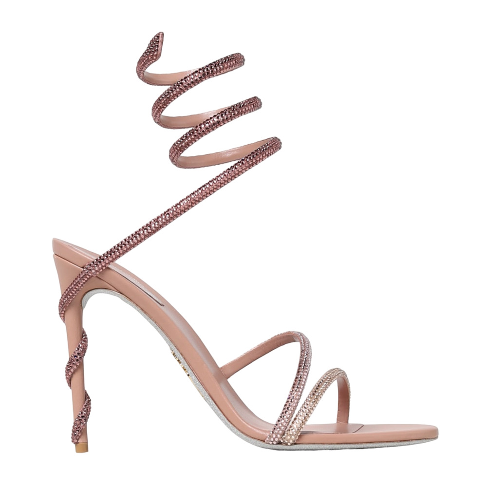 Rene Caovilla Margot Nude Crystal Snake Ankle Wrap Strap Sandal Heel Pump 38.5